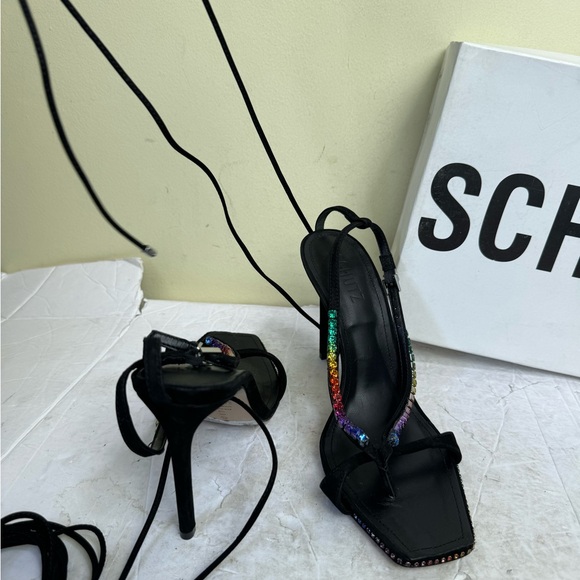 Schutz NEW Vikki Leather Strappy Crystals Ankle Ties Straps Heels Sandal Black 9 - Picture 7 of 16